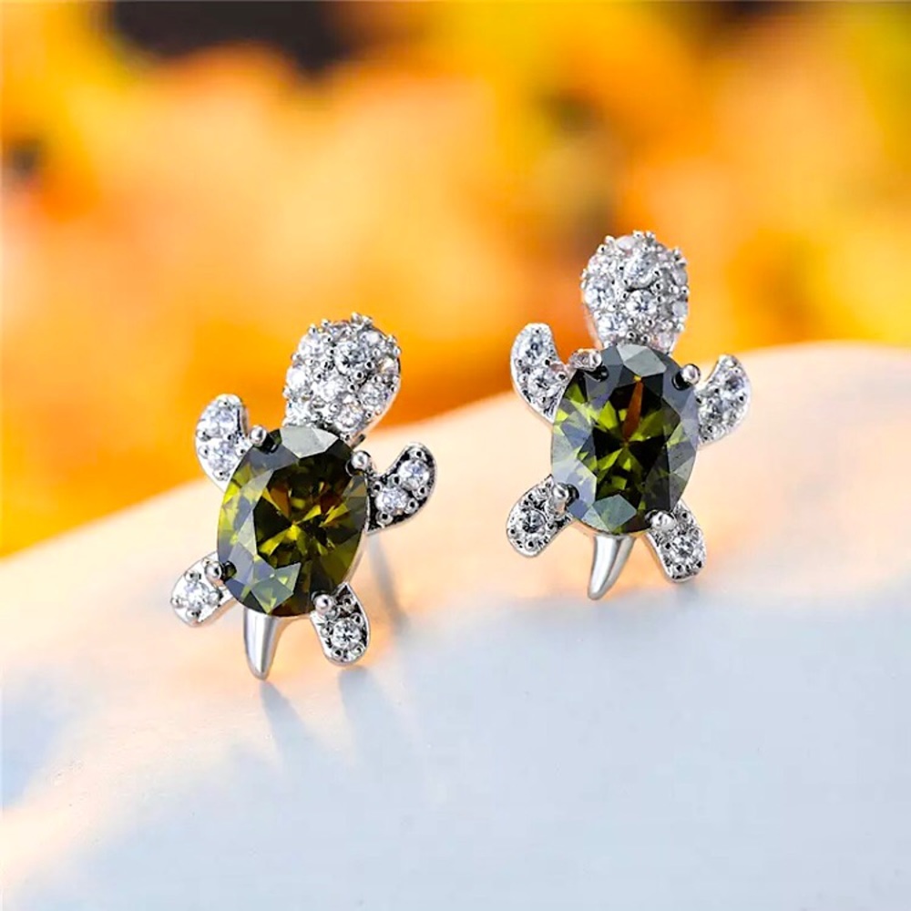 “Just Keep Swimming” Green Diamond Turtle Earrings